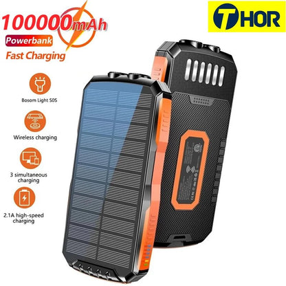 100000mAh Solar Power Bank Qi Wireless Charger for iPhone 12 Samsung S21 Xiaomi Powerbank Portable External Battery LED Poverban