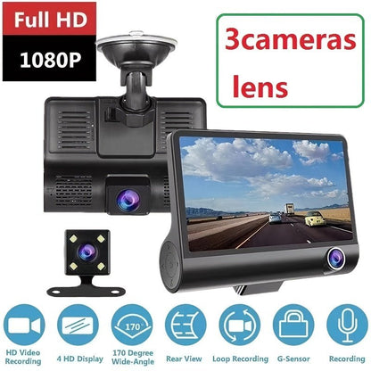 4.0-inch 1080P HD Triple Recording Car DVR with Front, Interior, and Rear Cameras - Reverse Image & Loop Recording - AFFORDABLE QUALITY SHOP