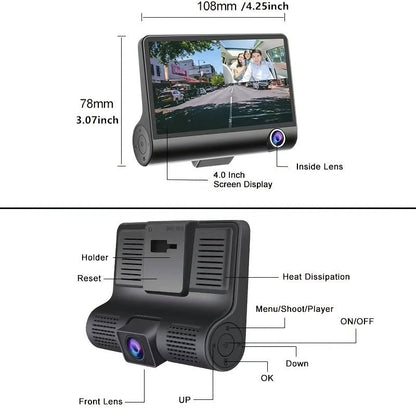 4.0-inch 1080P HD Triple Recording Car DVR with Front, Interior, and Rear Cameras - Reverse Image & Loop Recording - AFFORDABLE QUALITY SHOP