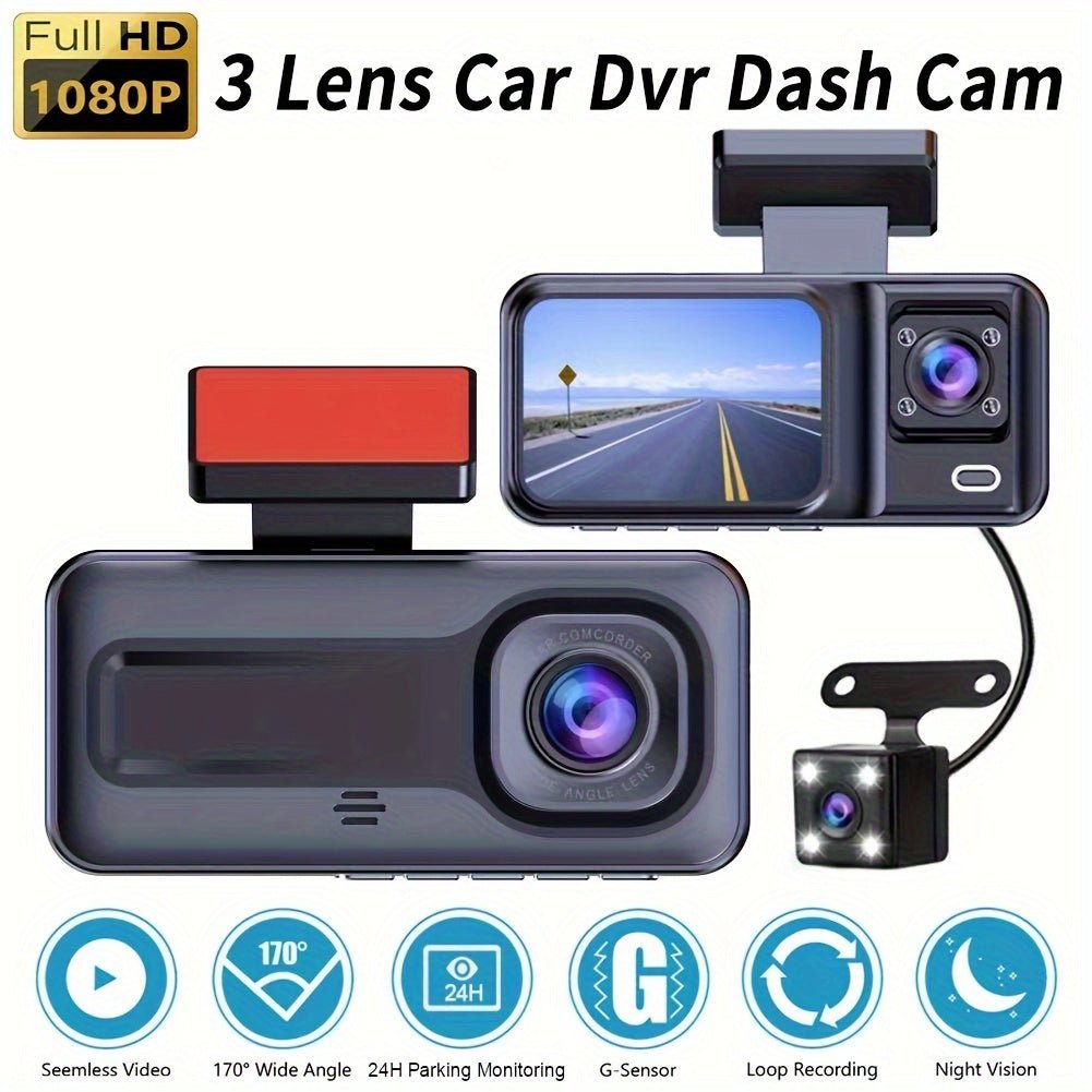 Car Recorder Dash Cam 1080P 3 Channel Camera Cycle Video Recorder, Inside Front Rear View Camera Parking Monitor Reverse Camera Infrared Night Vision - AFFORDABLE QUALITY SHOP