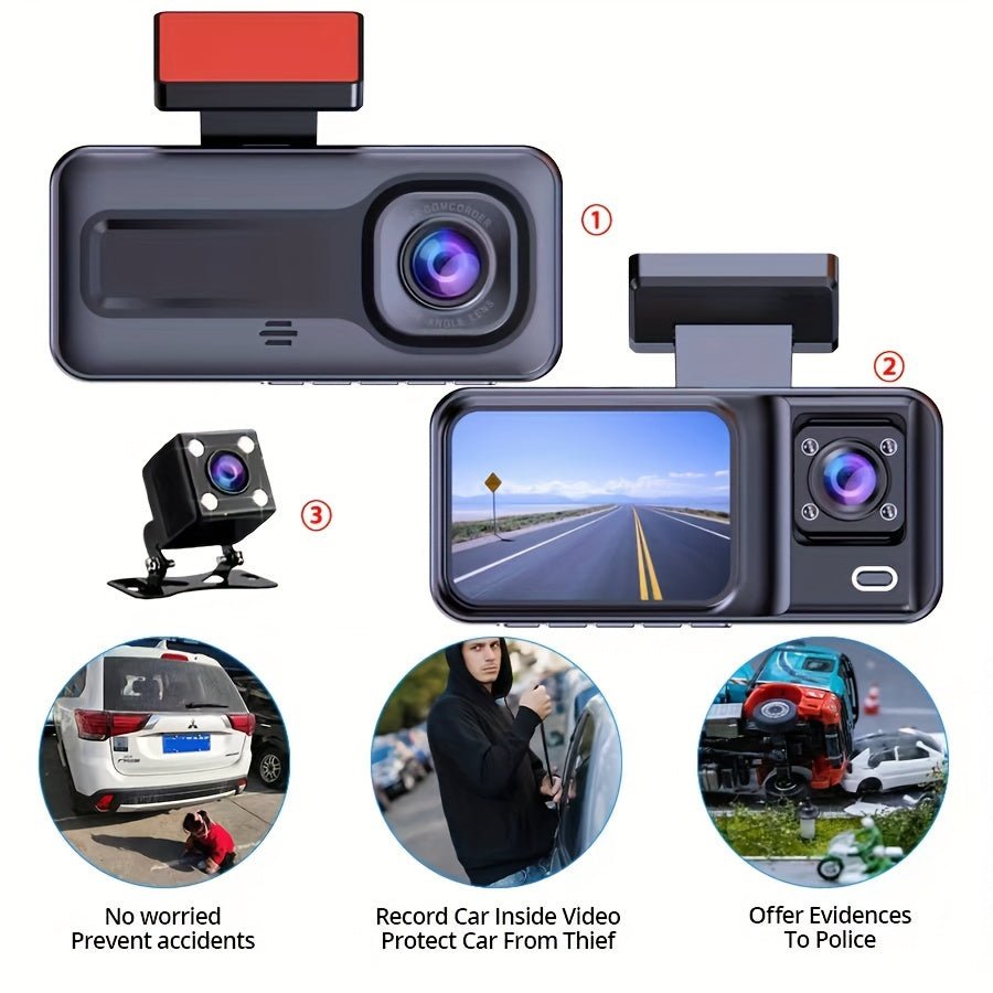 Car Recorder Dash Cam 1080P 3 Channel Camera Cycle Video Recorder, Inside Front Rear View Camera Parking Monitor Reverse Camera Infrared Night Vision - AFFORDABLE QUALITY SHOP