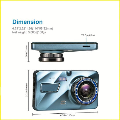 Dash Cam Front & Rear Dual Camera, 1080P Car DVR With Camera ,4 Inch Screen Dashboard Camera For Night Vision Motion Detection Parking Loop Recording - AFFORDABLE QUALITY SHOP