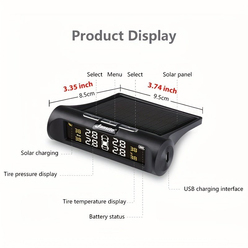 Jansite Smart Car TPMS Tyre Pressure Monitoring System Solar Power Digital LCD Display Auto Security Alarm Systems Tyre Pressure.