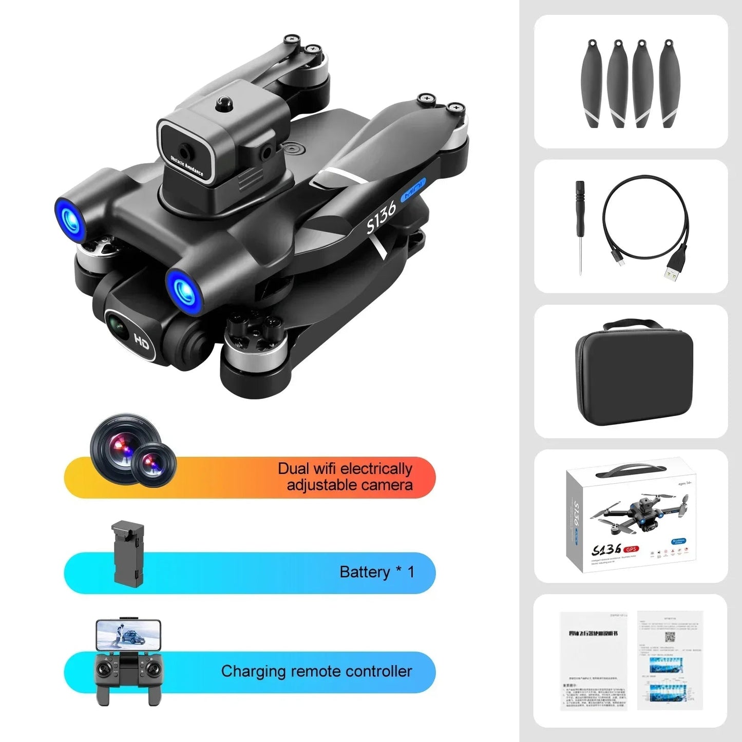 S136 GPS Rc Drone 4K HD Dual Camera Professional 5G Aerial Photography Obstacle Avoidance Brushless Automatic Return Helicopter - AFFORDABLE QUALITY SHOP