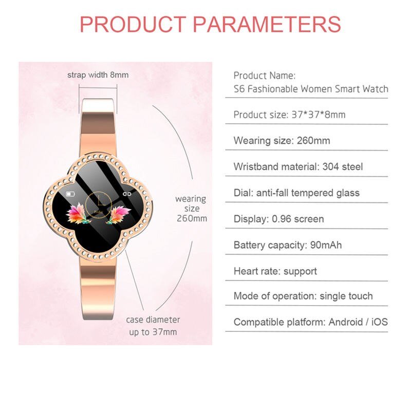 S6 Women Smart Wristband Waterproof Ip67 Smart Fitness Bracelet Heart Rate Blood Pressure Fitness Tracker Call Message Reminder - AFFORDABLE QUALITY SHOP