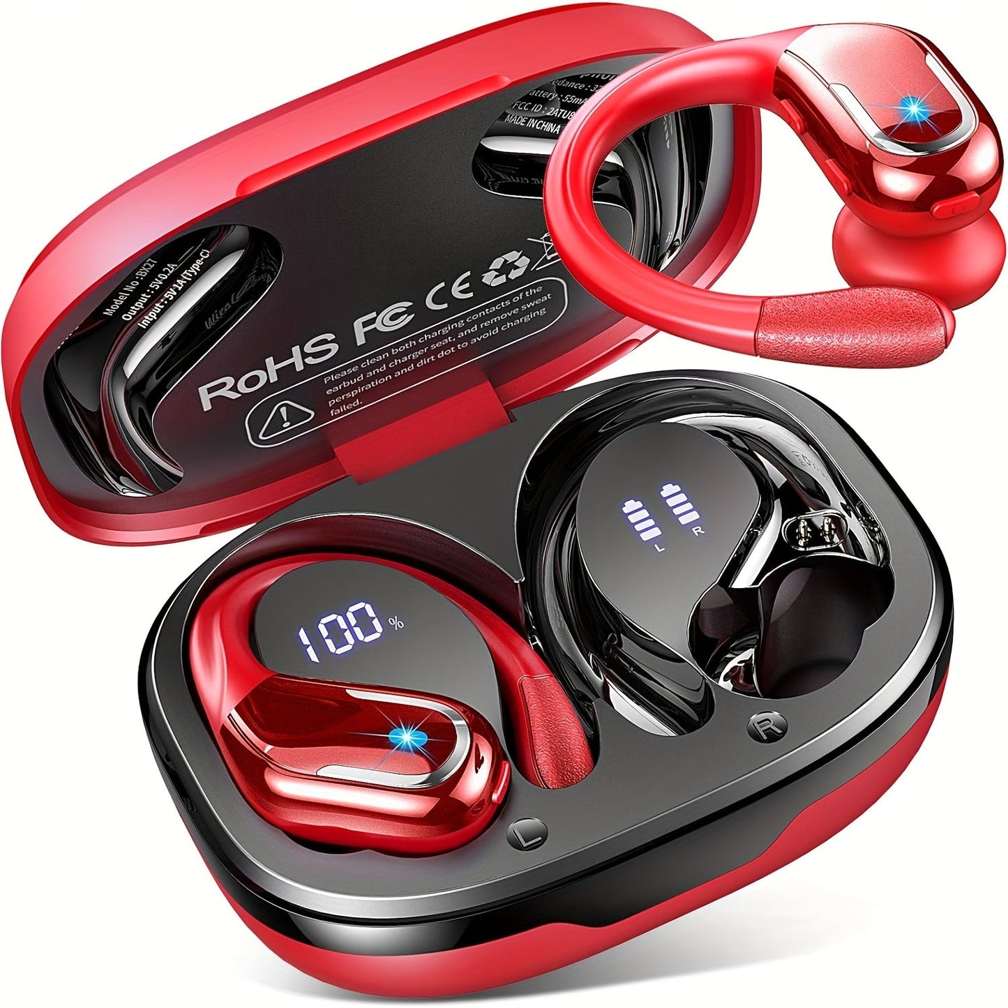 Wireless Earbuds, Wireless 5.3 Headphones With 4 ENC Noise Cancelling Mic, 75H Wireless Headphones In Ear Stereo Sound Deep Bass, 2023 Earphones IP7 Waterproof LED Display For Running, Red - AFFORDABLE QUALITY SHOP