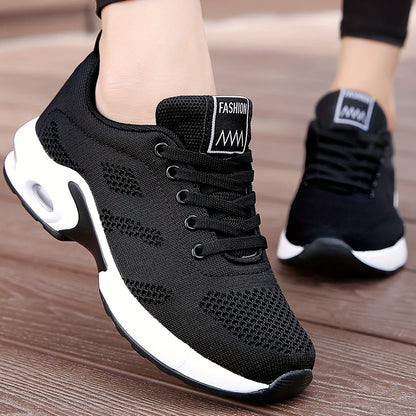 Women's Air Cushion Sole Sneakers, Breathable Knitted Lace Up Running Shoes, Casual Fly Woven Sneakers - AFFORDABLE QUALITY SHOP